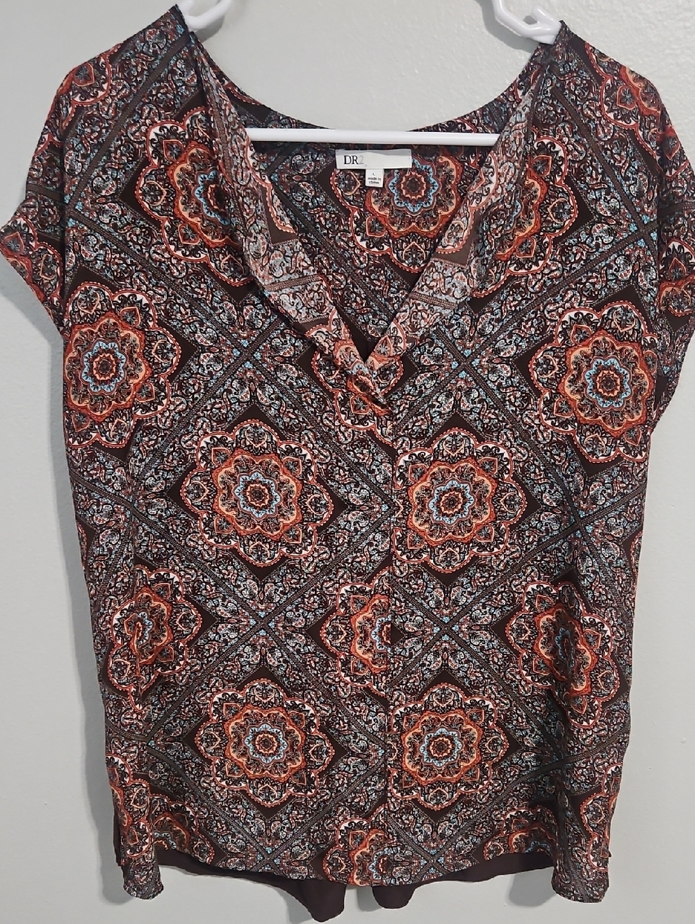 Dr2 Multi-Pattern V-Neck Cap Sleeve Silky Blouse